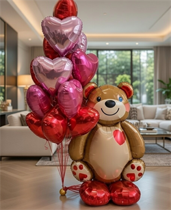 Фонтан из 15 воздушных Сердец + Мишка для влюбленных №8 (комплект) Н-рШдВл-8