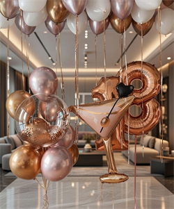 Фонтан из 10 воздушных шаров с Шаром Гигант с коны + 18 воздушных под потолок + Цифра (2шт) + Бокал Мартини №203а а203