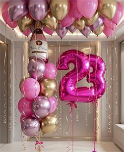 фонтан из 17 воздушных шаров с Бутылкой Вина + 20 воздушных шаров под потолок + Цифра (2шт) №206а а206