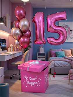 Коробка 60х60х60 с украш + фонтан из 7 воздушных шаров + 2 Цифры на грузах №460а а460