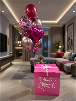 Коробка 60х60х60 с украш + фонтан из 7 воздушных шаров  №461а а461