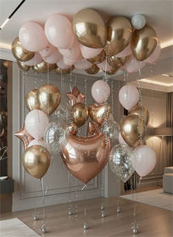 Набор воздушных шаров под потолок с фонтанами из гелиевых шаров "розовое золото" 55шт №536а а536
