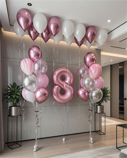 2 фонтана по 10 воздушных шаров + Цифра + 14 шаров под потолок с 8 марта №661а а661