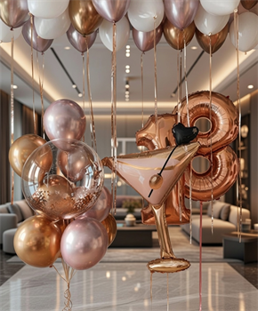 Фонтан из 10 воздушных шаров с Шаром Гигант с коны + 18 воздушных под потолок + Цифра (2шт) + Бокал Мартини №203а а203