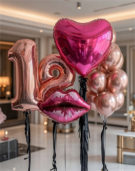 Фонтан из 10 воздушных шаров + Цифра (2шт) + Сердце + Губы №205а а205
