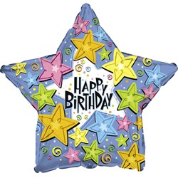 Шар фольга (18''/46 см) Круг, Звезда, С Днем рождения (звезды), Голубой, /CTI - фото 10943