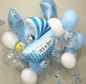 Набор шаров на рождение мальчика Два фонтана по 10 шаров +коляска на грузе №6 (комплект)