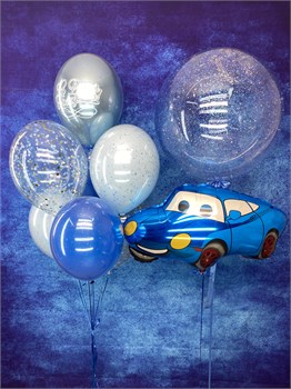 Фонтан из 7  шаров + Машинка + Шар Deco Bubble 45 см с укр №395а а395