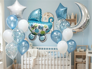 Набор шаров на рождение мальчика Два фонтана по 10шаров +коляска +месяц на грузах №7 (комплект) НшРожМал7